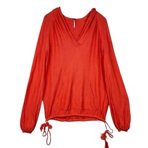 Free People Hooded Knit Sweater Pullover Orange Drawstring Hem Size M